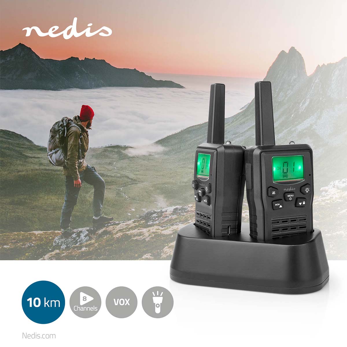 Nedis Walkie Talkie Sæt m. Oplader (Op til 10km)