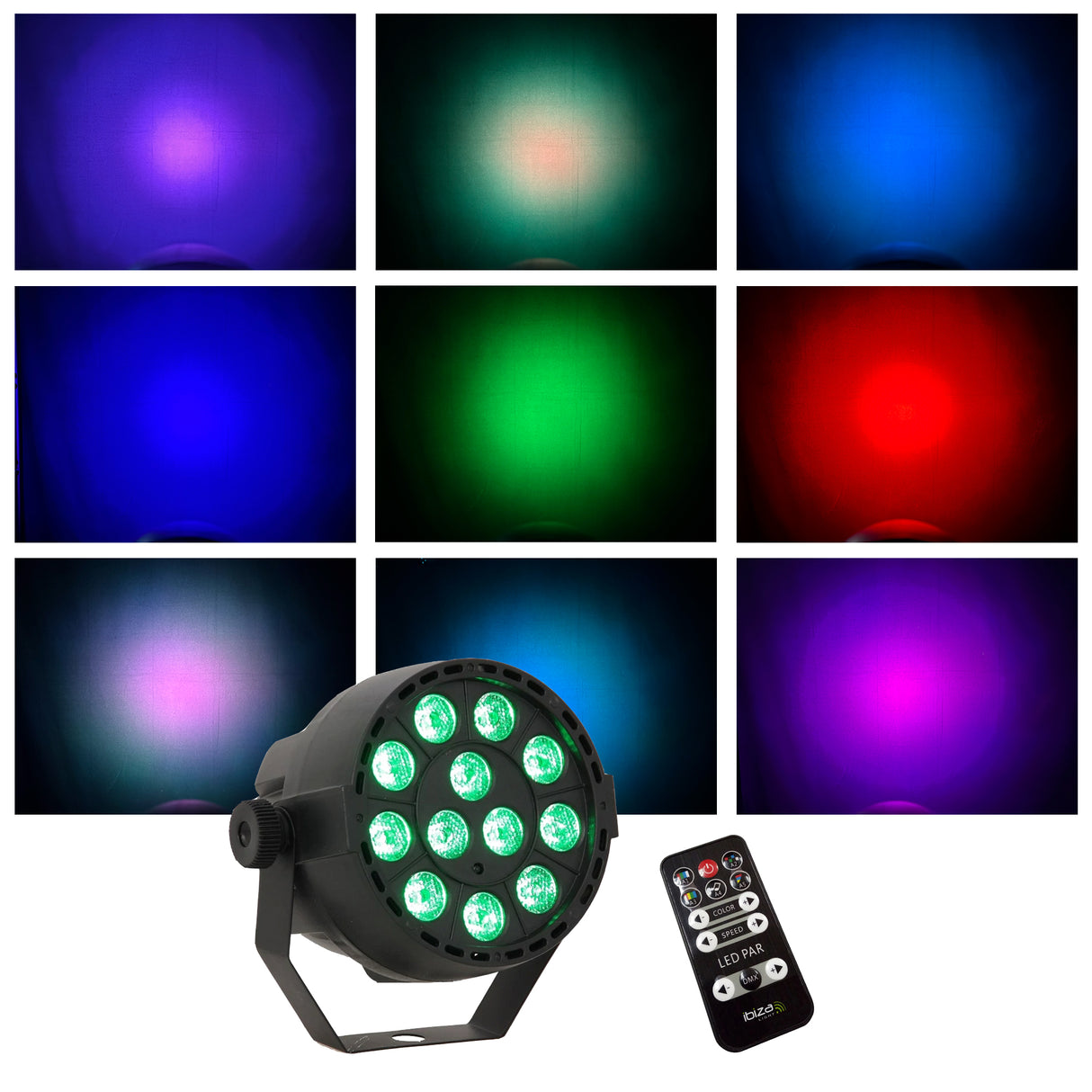 LED Spot Multicolor m. fjernbetjening (12x3W) & Perfex Lysstativ